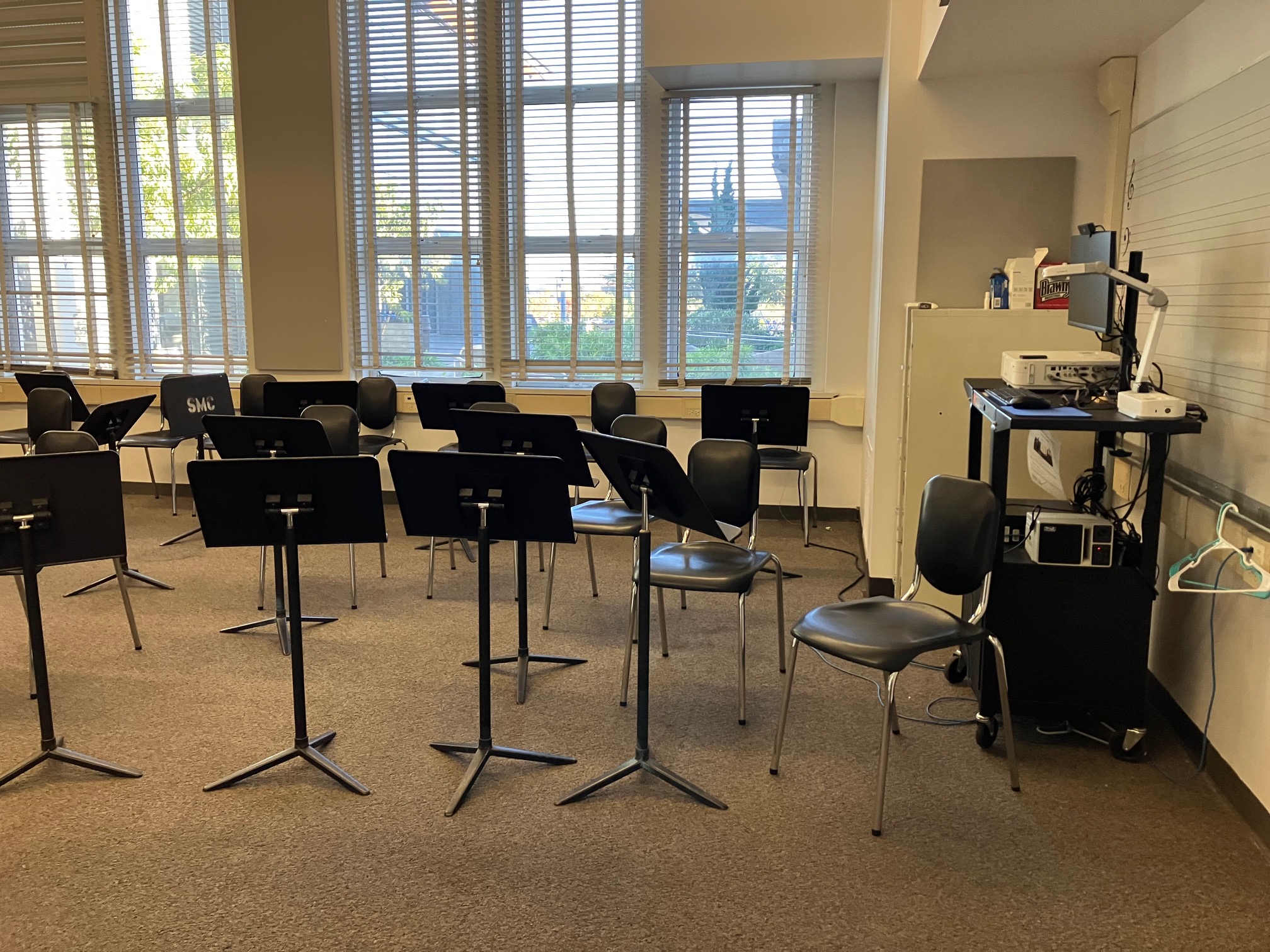 A quiet room and a nursing room are available in the Arts building, which is accessed beyond the courtyard between the Broad Stage and East Wing buildings. This room is configured as a classroom and has chairs and music stands. These rooms can be reserved at the conference registration table.